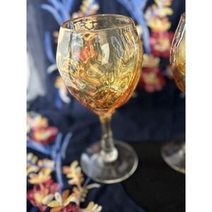 Vtg John Barber Wine Glass Hand Blown Goblet Set 4 Amber Iridescent Spiral 1987